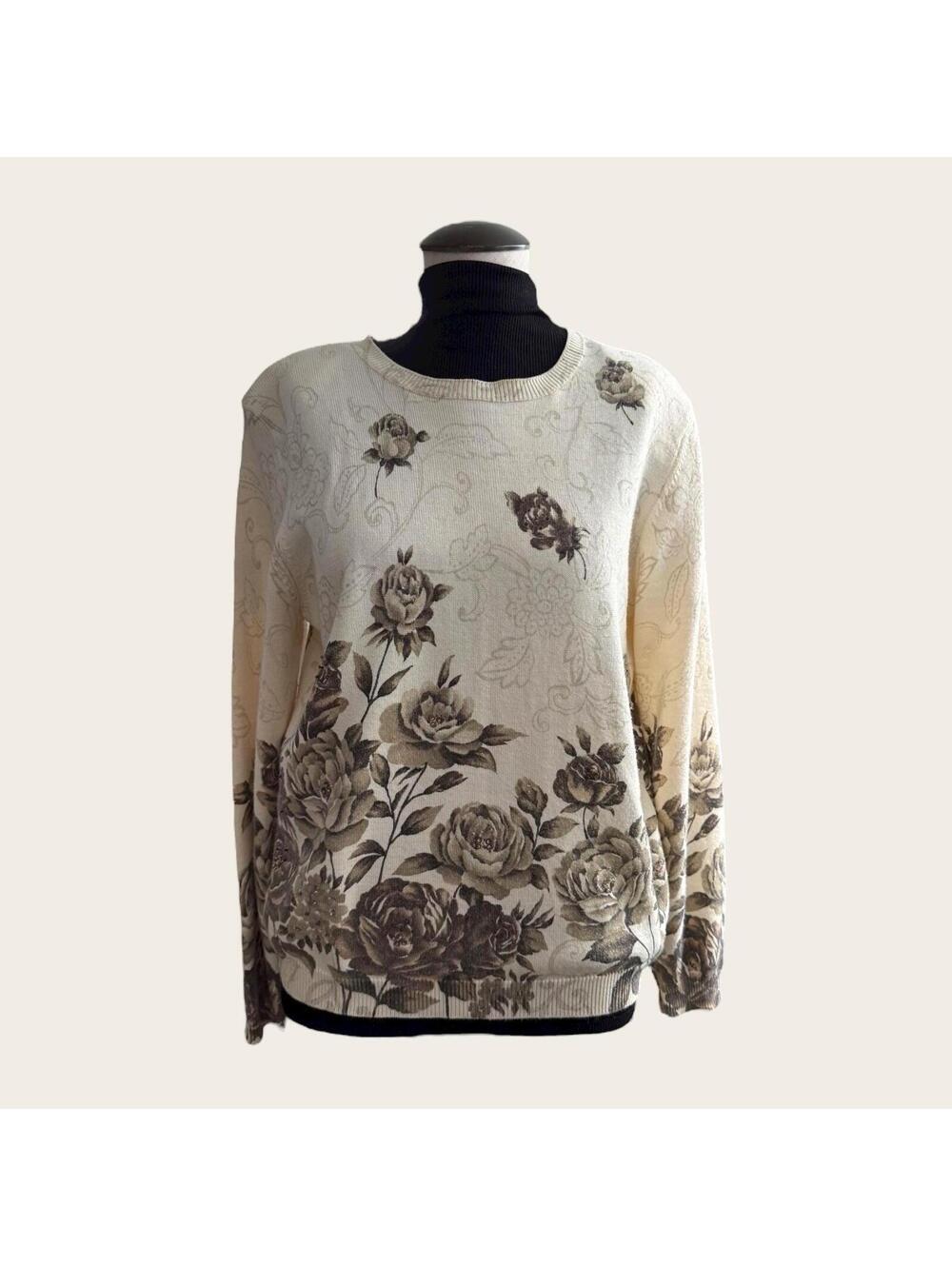 Vintage 1980s Printed Knit Sweater, Alfred Dunner, Brown Roses, Shoulder Pads